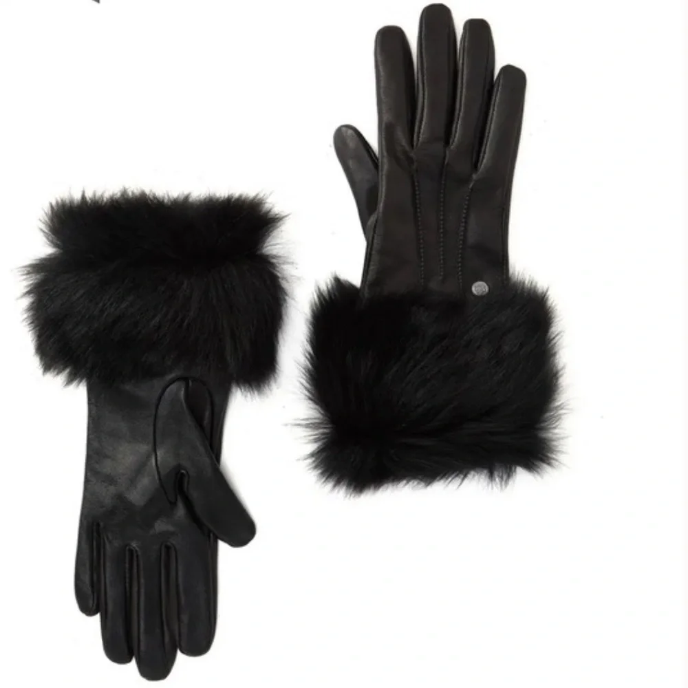 UGG Genuine Dyed Shearling black  Leather Trimmed Gloves women size large NEW